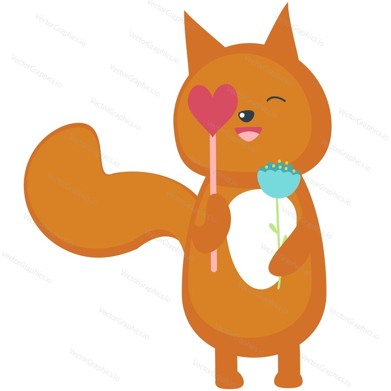 Animal with love vector. Cute squirrel holding heart lollipop candy and flower icon illustration. Sweet happy character for valentine, birthday or wedding postcard romantic poster design. Isolated on white