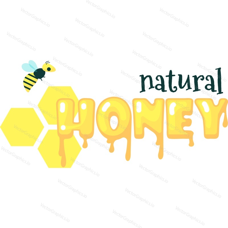 Natural honey icon. Vector sticker, label or logo with headline text, bee and sweet nectar honeycomb in cell design isolated on white background