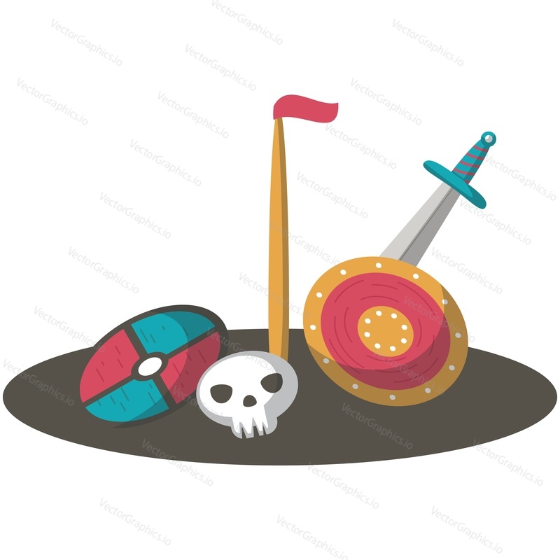 Viking design with weapon vector. Skull, shield, sword and axe icon. Barbarian battle armor illustration isolated on white background