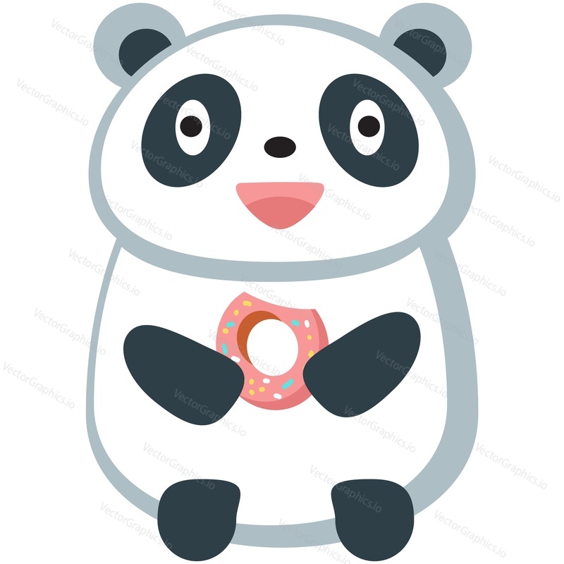 Cute cartoon panda vector. Bear animal icon. Funny baby cub character with happy face eating donut isolated on white background