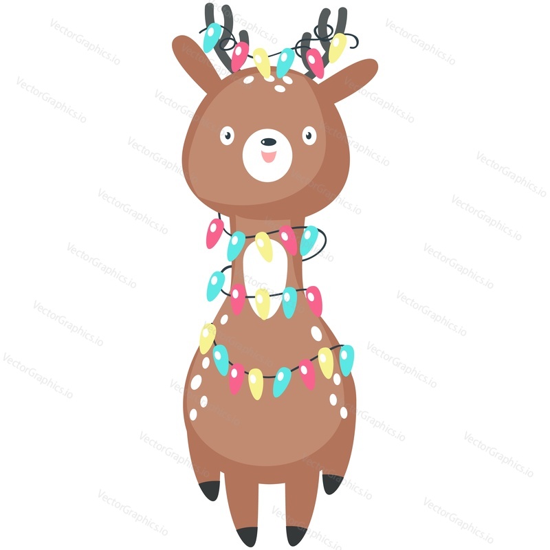 Christmas card cute animal vector icon. Reindeer xmas lights garland decoration. Happy winter holiday invitation postcard design. Isolated on white background