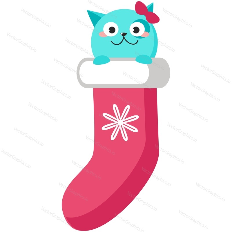 Cute Christmas cat vector. Funny winter pet character for holiday card doodle design. Xmas kitten sitting in gift stocking isolated on white background