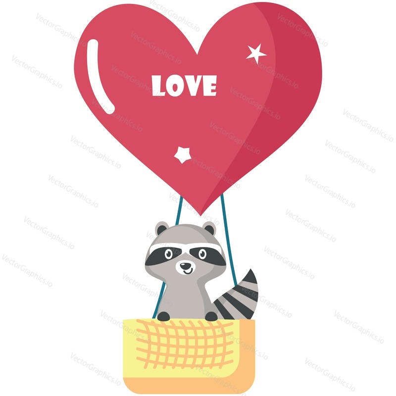 Animal with love vector. Raccoon flying on heart shape air hot balloon icon illustration. Sweet happy character for valentine, birthday or wedding postcard romantic poster design. Isolated on white