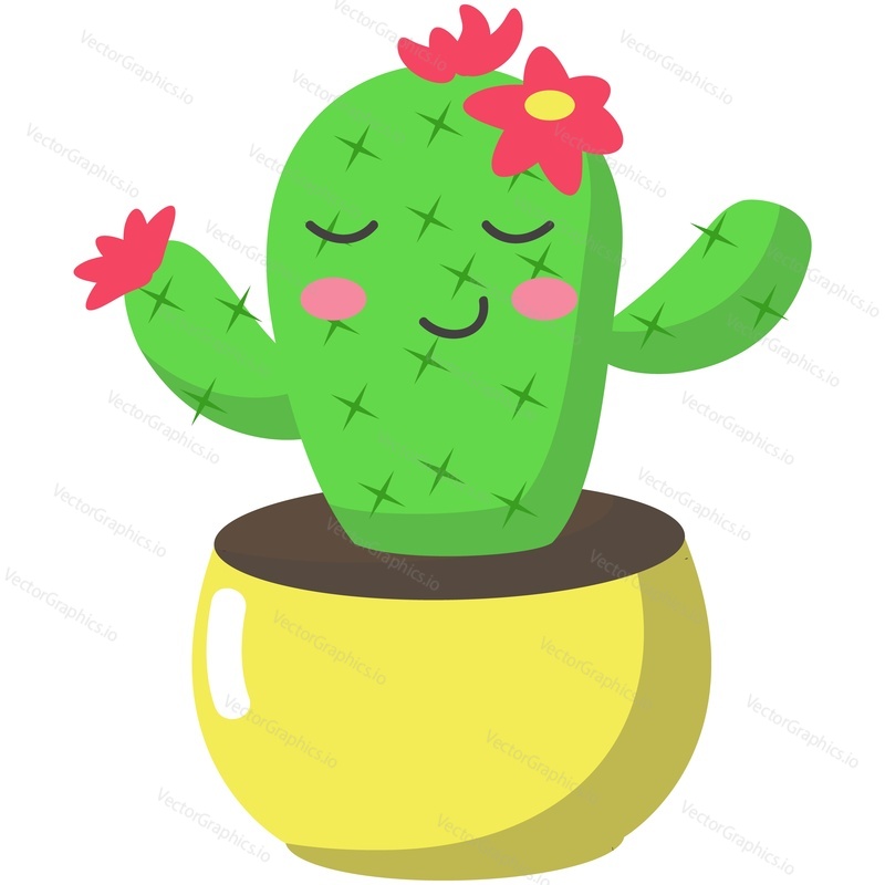 Cactus vector. Funny succulent girl plant mascot with pink blossom flower cartoon illustration. Cute cacti flirty smiling in flowerpot isolated on white background