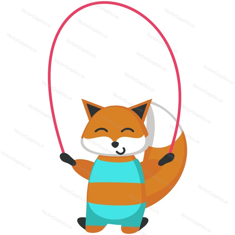 Fox jumping on rope vector. Cartoon cute funny sport character with skipping rope illustration isolated on white background. Sportive activity and fitness