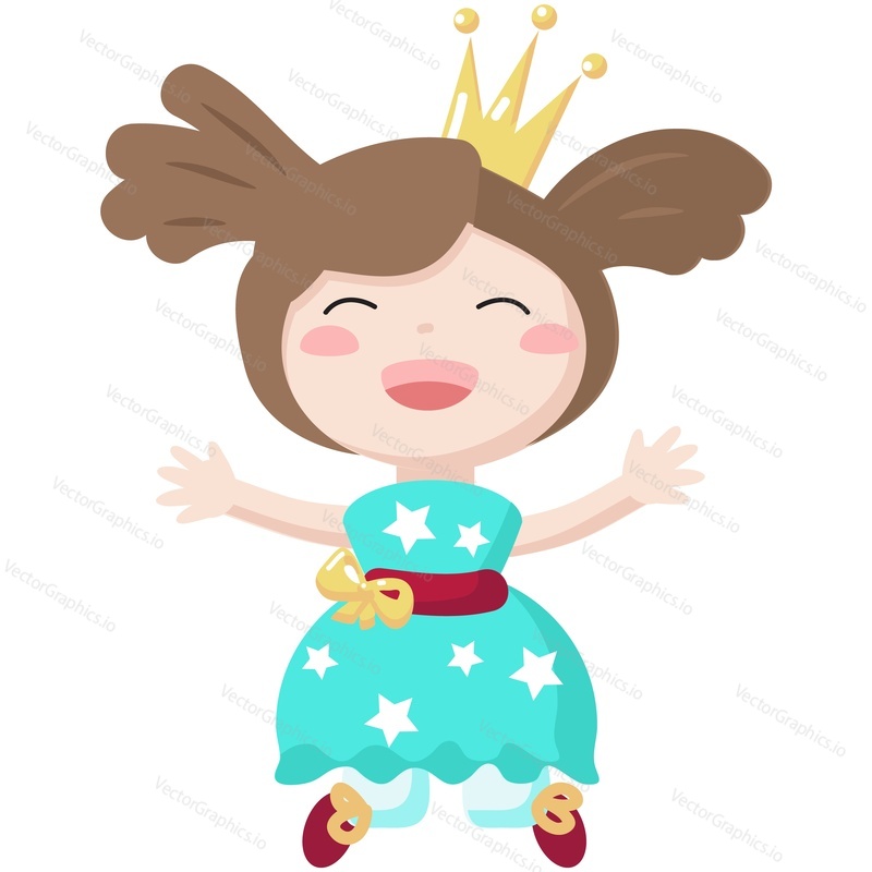 Princess vector. Cartoon girl in cute dress icon. Fairytale queen illustration. Fairy tale little child character happy laughing isolated on white background