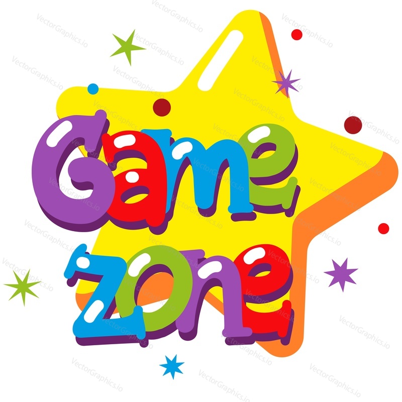 Game zone label vector. Child party room icon. Kid fun area, playground sticker illustration. Place for children leisure entertainment and activity badge. Cartoon star design isolated on white background