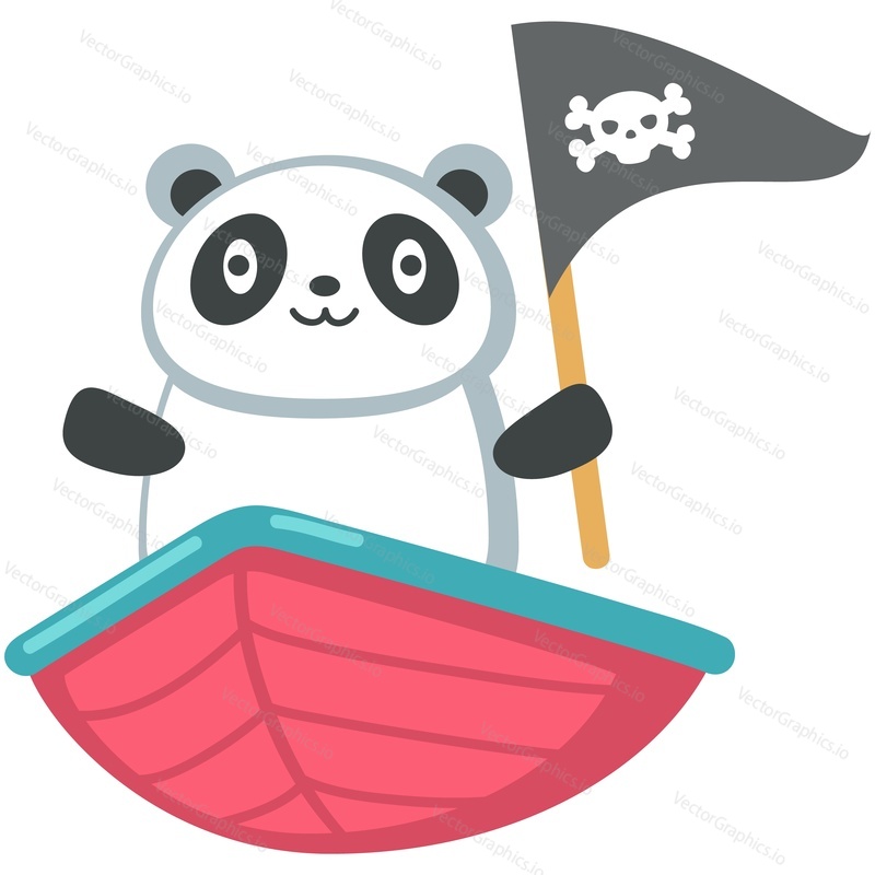 Panda pirate vector. Cute bear sailor in boat icon. Funny baby animal character floating in ship illustration isolated on white background