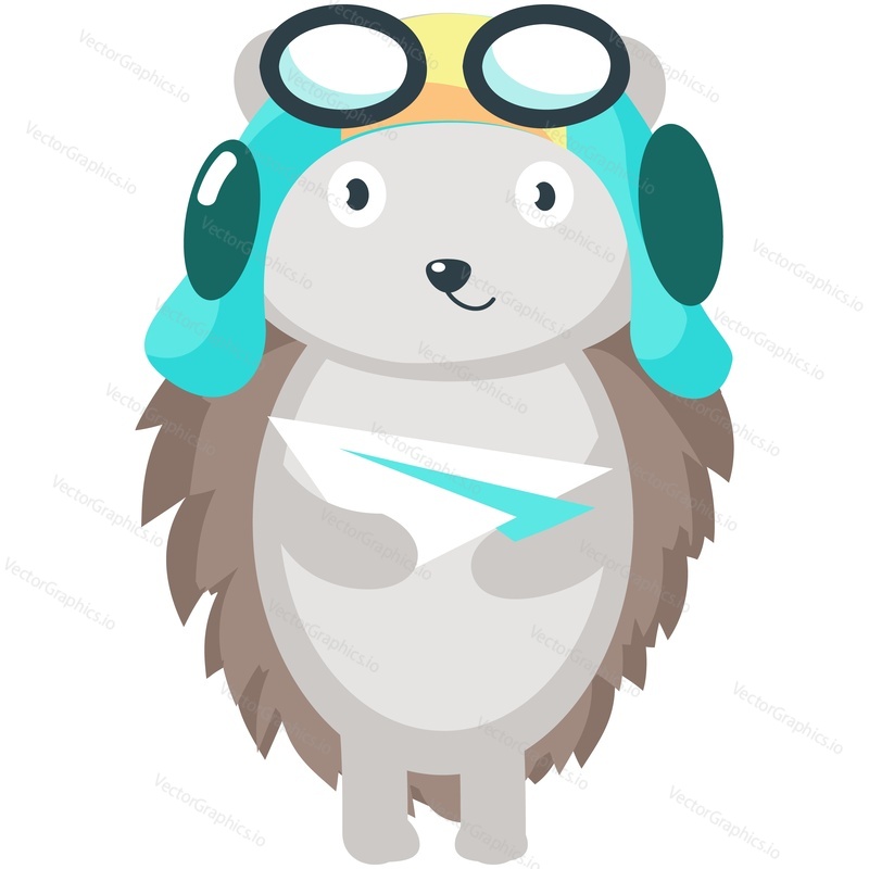 Hedgehog cute pilot animal cartoon vector icon. Funny prickly character holding paper plane in paw isolated on white background. Doodle design for postcard