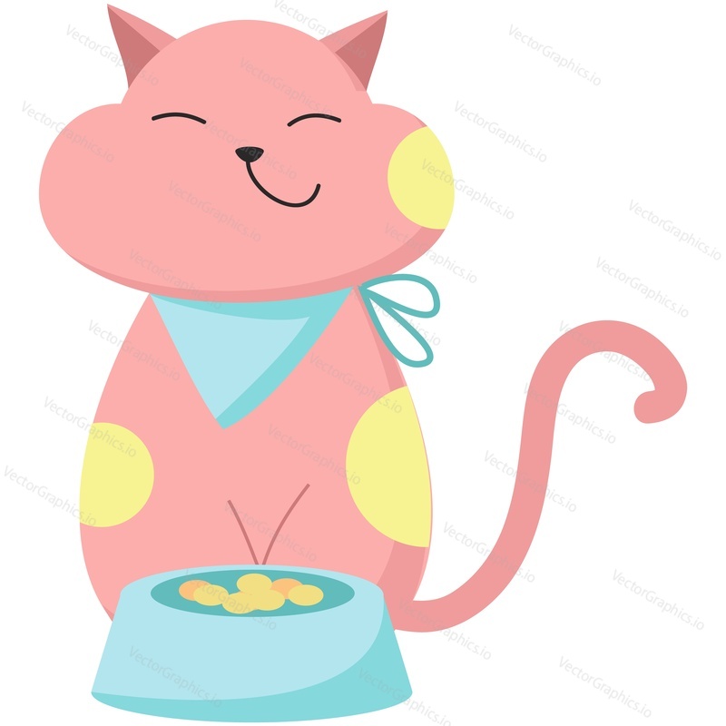 Cute cat vector. Cartoon animal. Kitten character illustration. Funny pet eating dry food from bowl having lunch icon isolated on white background