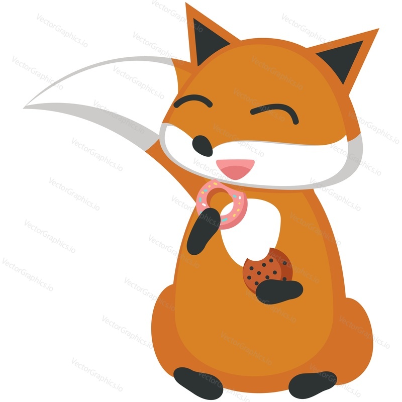 Funny fox vector. Cute forest animal cartoon icon. Comic woodland character with red tail eating sweet cookie and donut having tasty snack isolated on white background