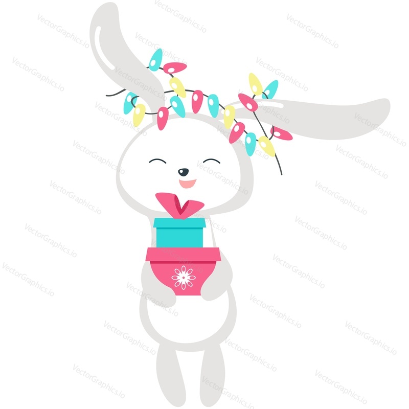 Christmas card cute animal vector icon. Bunny holding gift box stack for merry xmas and happy new year winter holiday invitation postcard design. Isolated on white background