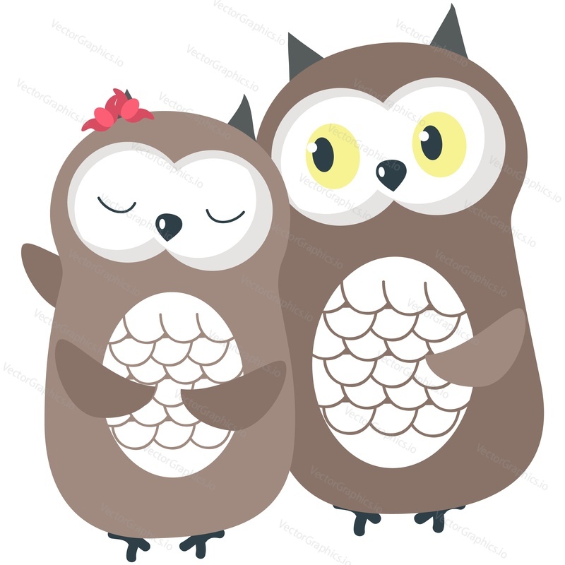 Sweet heart adorable bird family vector. Owl couple in love icon. Woodland feathered romantic pair embracing for postcard greeting isolated character on white background