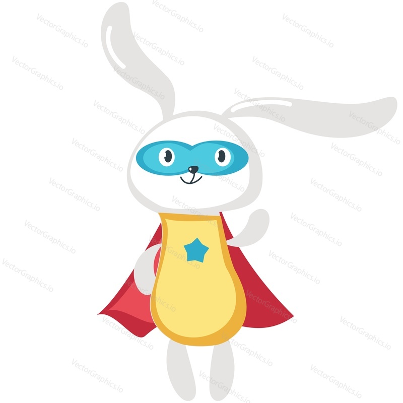 Bunny superhero vector. Cute cartoon animal super hero icon illustration. Rabbit character in funny mask costume, red cloak isolated on white background. Strong brave hare for birthday greeting card