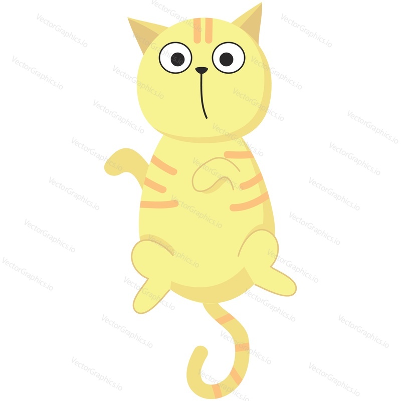 Cute cat vector. Cartoon animal. Kitten character illustration. Funny striped pet lying on back showing surprised shocked muzzle emotion icon isolated on white background