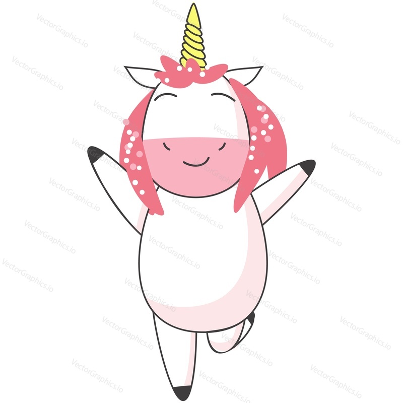 Cute unicorn vector. Baby horse cartoon icon. Happy overjoyed playful emotional pony animal jumping rejoicing isolated character on white background