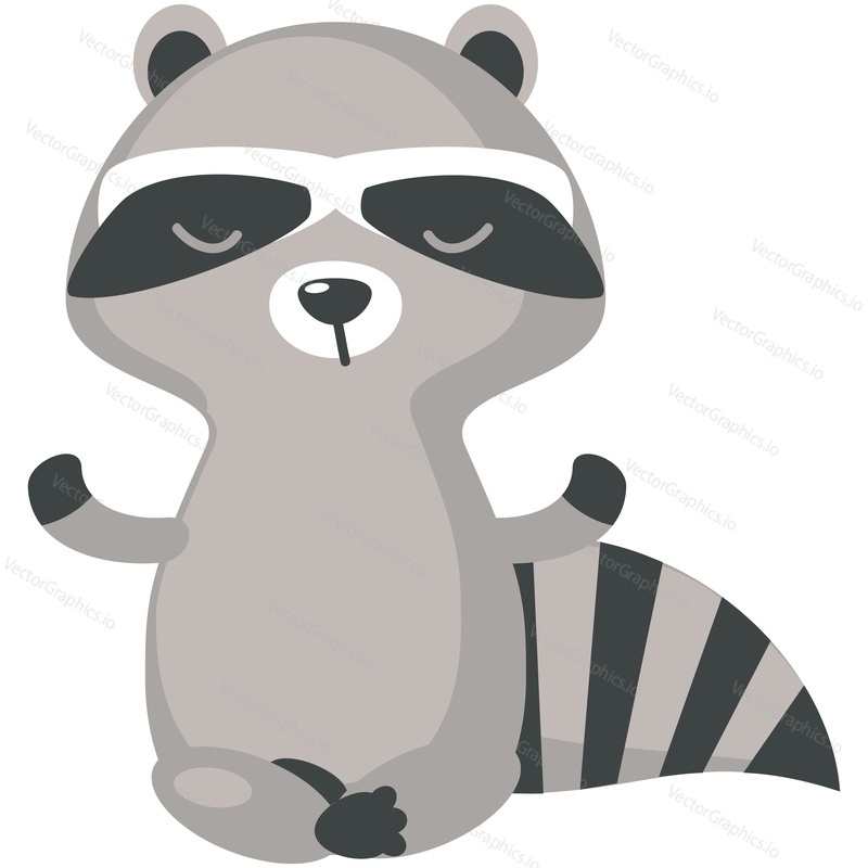 Cute raccoon mediating vector. Funny woodland animal character sitting in lotus position cartoon icon illustration isolated on white background. Mindfulness, peacefulness, stress relief, rest