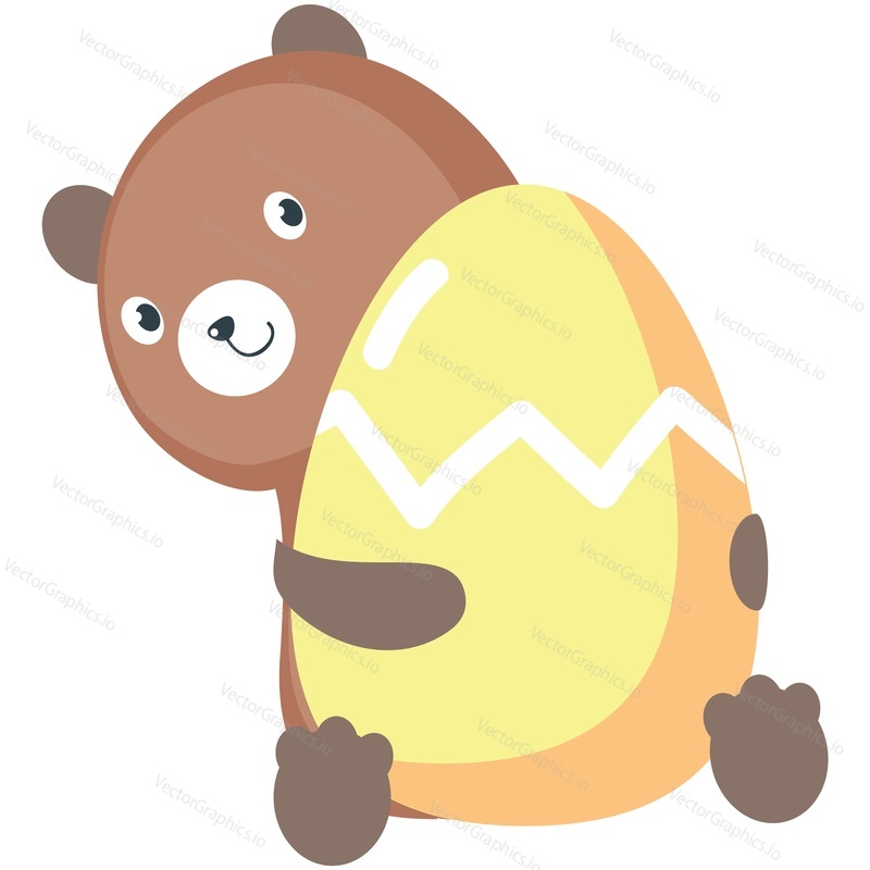 Easter vector. Cute cartoon teddy bear character holding huge egg. Spring holiday animal for greeting doodle card decoration isolated on white background