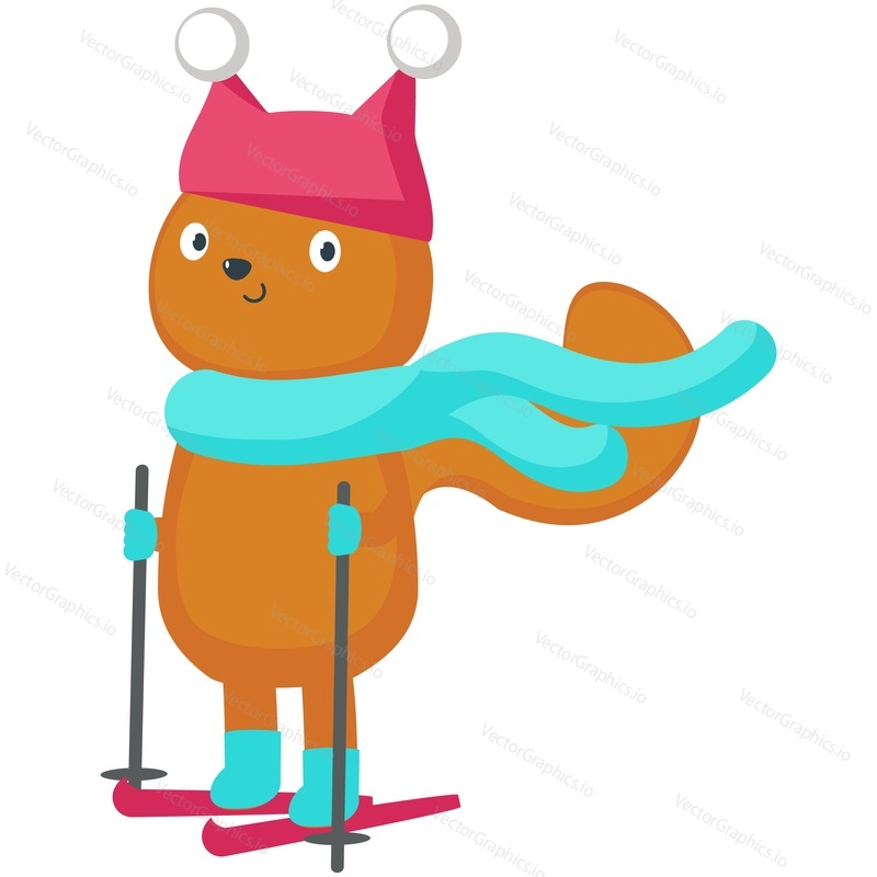 Animal ski. Cute squirrel skier vector. Winter rodent character in warm clothes skiing isolated on white background. Doodle holiday card or new year, christmas postcard design