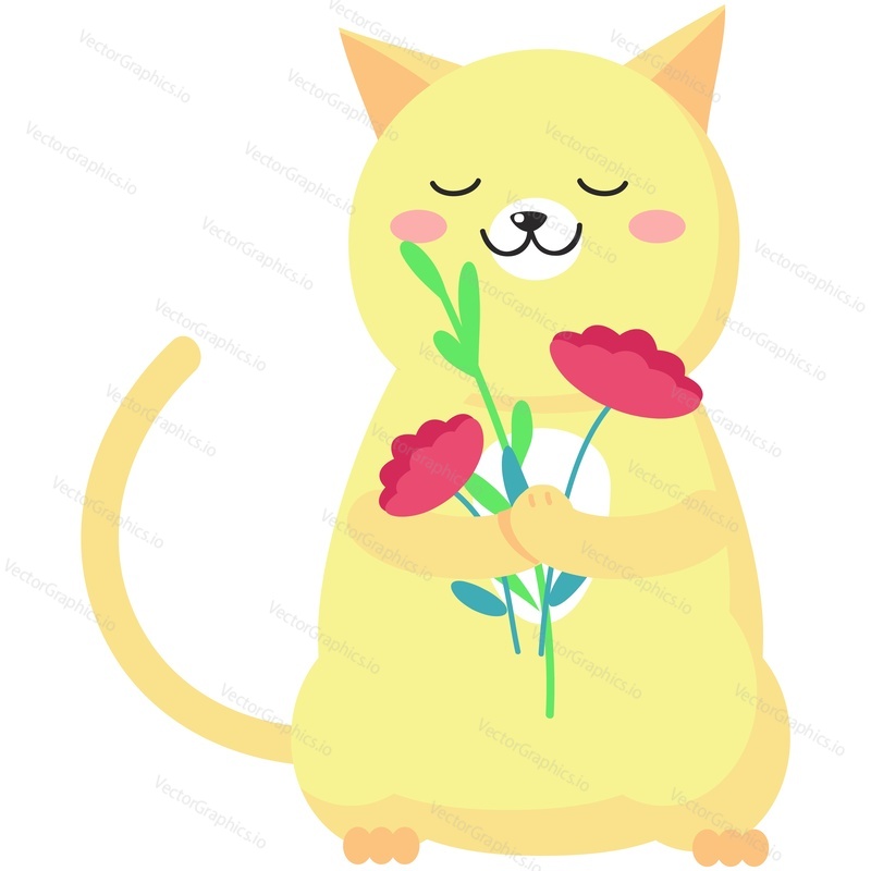 Cute vector spring cat holding wild flower bouquet. Cartoon funny kitten animal icon illustration for greeting card design. Happy pussycat with springtime invitation isolated on white background