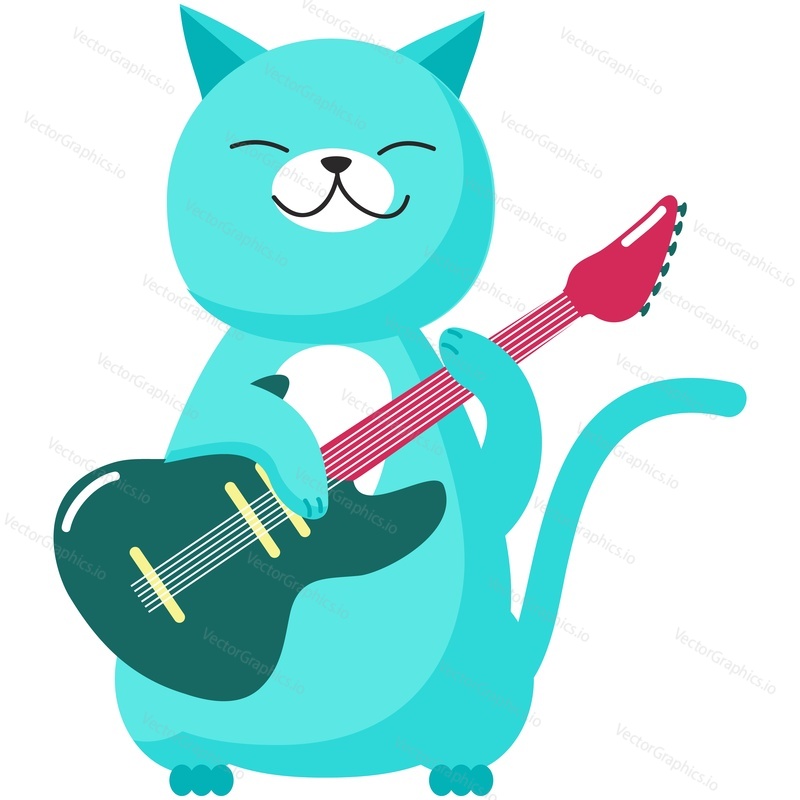 Cat playing guitar vector. Music animal character cartoon icon. Cute Kitten rockstar guitarist performance isolated on white background