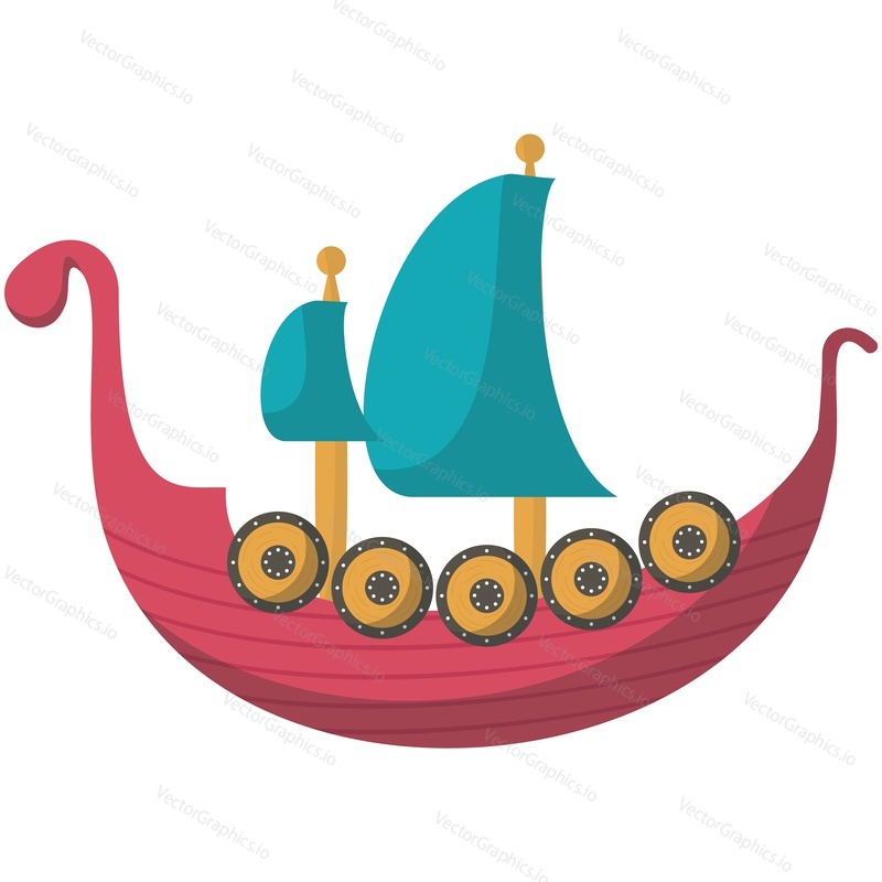 Viking boat vector. Drakkar ship with sail cartoon icon. Nordic longboat illustration isolated on white background