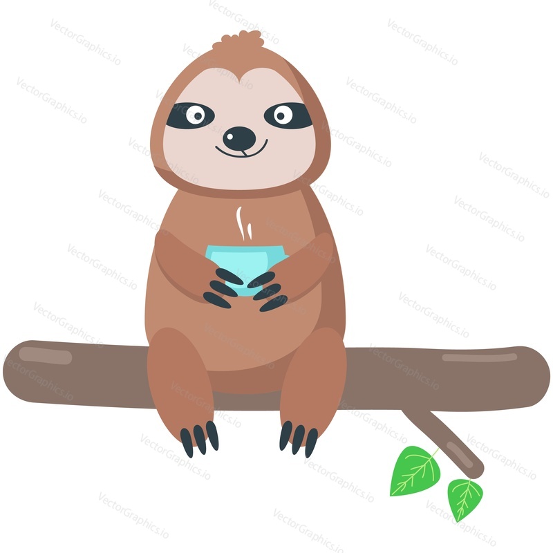 Cute sloth vector. Cartoon animal with cup sitting on tree branch icon. Funny lazy baby forest character enjoy coffee or tea hot drink isolated on white background