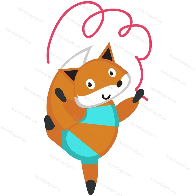 Fox gymnast with ribbon vector cute dancer icon. Sport, gymnastics and fitness illustration. Kawaii cartoon animal character isolated on white background