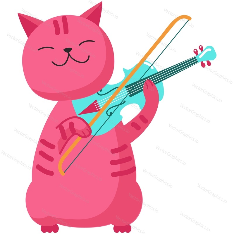 Cartoon music cat playing violin vector. Fiddler pet animal character icon. Kitten violinist musician with instrument performance isolated on white background