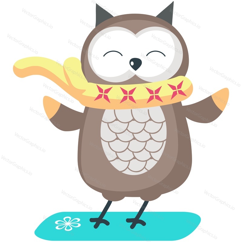 Cute owl cartoon bird on snowboard vector. Funny woodland snowboarder character icon isolated on white background. Active winter fun, extreme sport, extreme riding