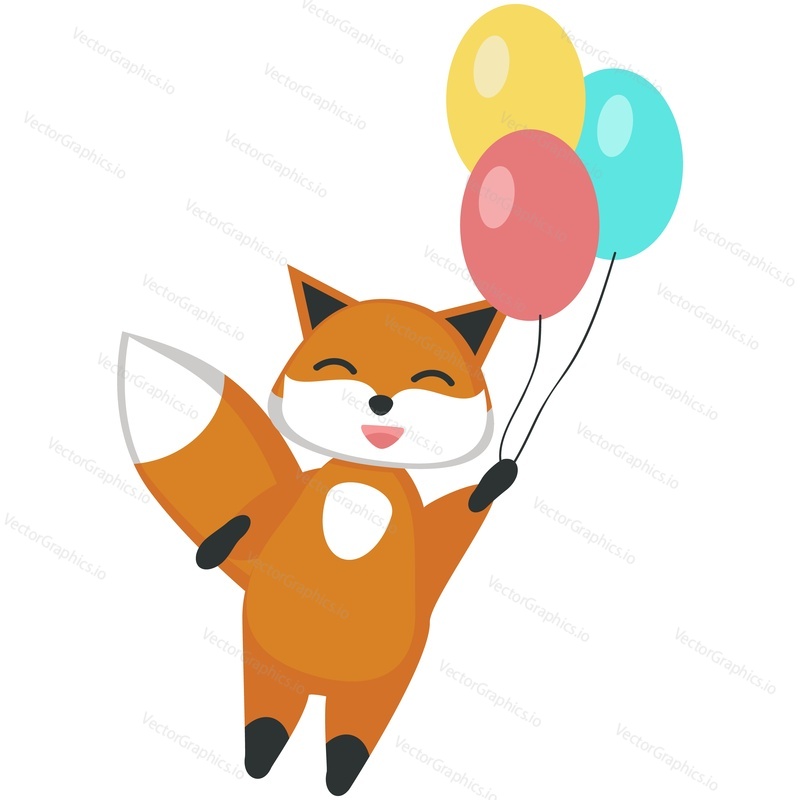 Funny fox vector. Cute forest animal cartoon icon. Comic woodland character with red tail flying on air hot balloon isolated on white background