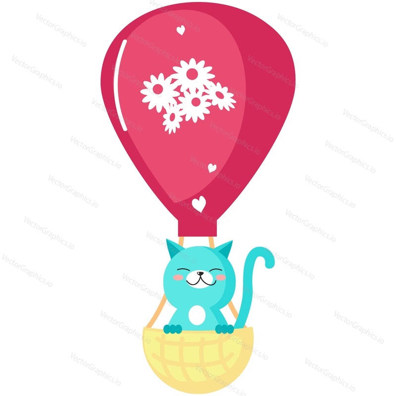 Cute spring cat flying air hot balloon vector icon. Cute animal icon for card design. Kitten traveler character isolated illustration on white background