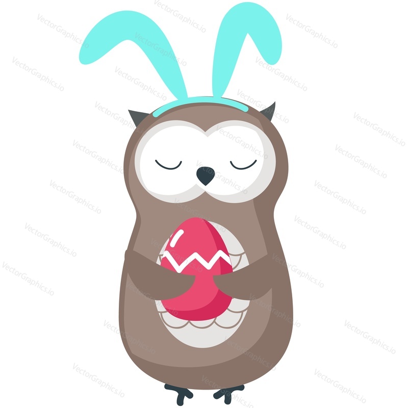 Easter vector. Cute cartoon owl bird character wearing funny bunny ears headband holding egg. Spring holiday greeting doodle card decoration isolated on white background