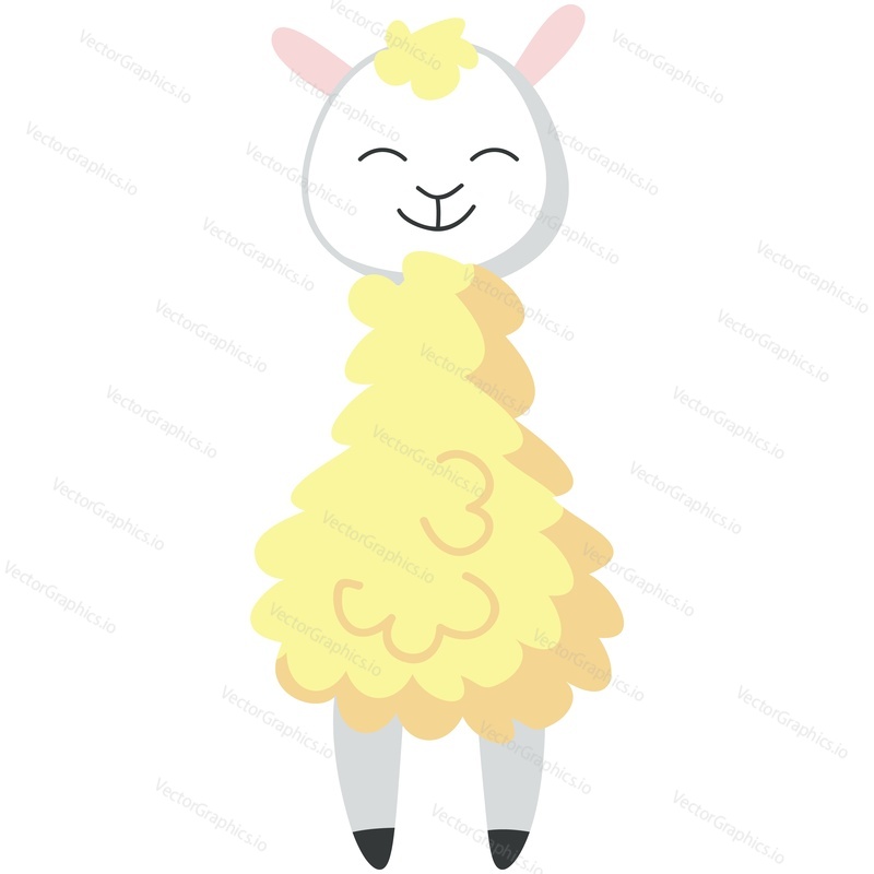 Cute alpaca vector. Legrační lama stojící karikatura ikona. Kawaii zvíře s úsměvem se zavřenýma očima ilustrace. Šťastný maskot s načechraný kudrnaté žluté vlny izolovaných na bílém pozadí