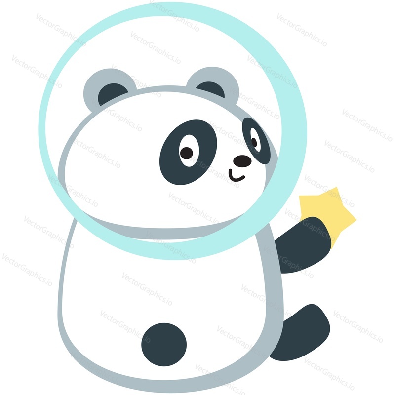 Cute panda cosmonaut vector. Funny cartoon space character icon. Comic bear animal spaceman in astronaut helmet sitting and holding star isolated on white background