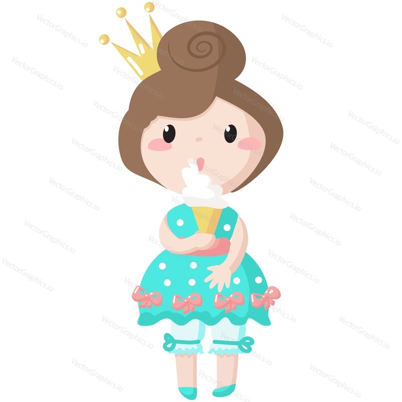 Princess vector. Cartoon girl in cute dress icon. Fairytale queen illustration. Fairy tale little child character wearing crown, pretty gown eating ice-cream cold dessert isolated on white background