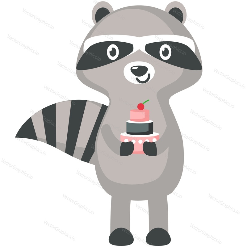 Cute raccoon vector. Funny woodland animal character carrying sweet cake in paw cartoon icon illustration isolated on white background. Happy birthday greeting