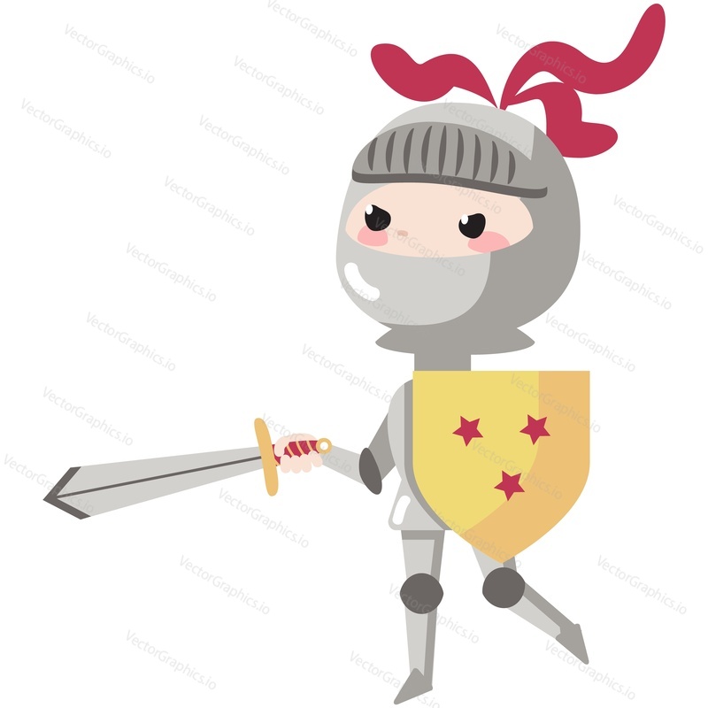 Cute knight vector. Cartoon medieval warrior character in armor helmet with shied and sword attack icon isolated on white background