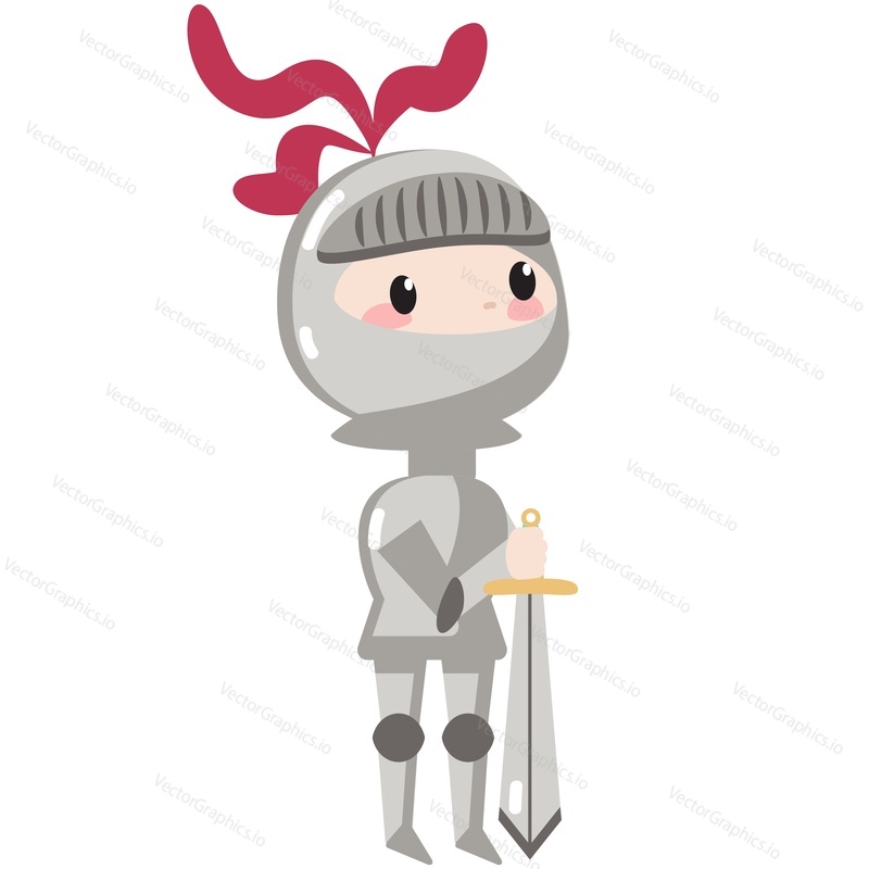 Cute knight vector. Cartoon medieval warrior character in armor helmet standing with sword icon isolated on white background