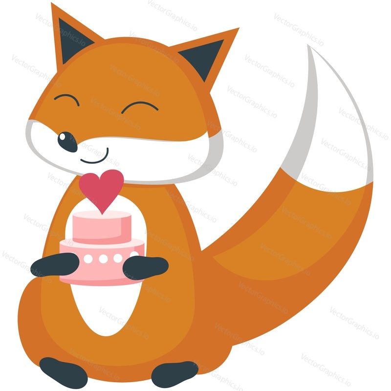 Animal with love vector. Cute fox holding cake cartoon icon illustration. Sweet happy character for valentine, birthday or wedding postcard romantic poster isolated design on white background