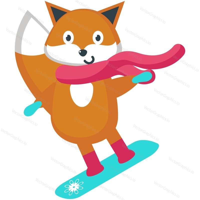 Cute fox cartoon animal on snowboard vector. Funny snowboarder icon isolated on white background. Active winter fun, extreme sport, extreme riding