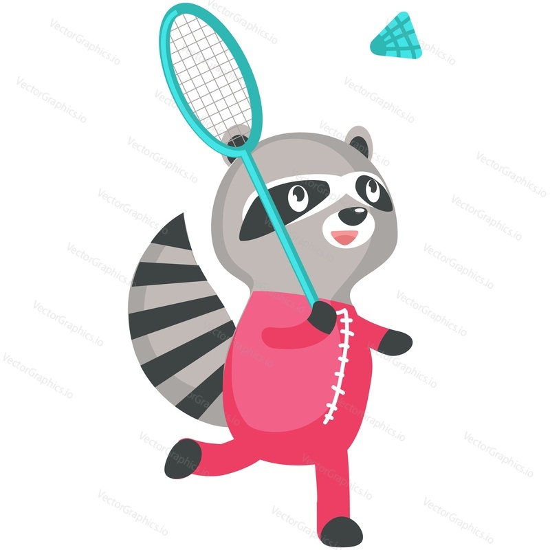 Raccoon playing badminton cartoon vector. Cute funny animal enjoy sport exercise activity icon isolated on white background