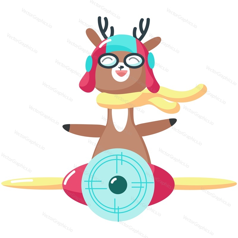 Deer cute pilot animal cartoon vector icon. Reindeer funny character flying on plane isolated on white background. Doodle design for postcard