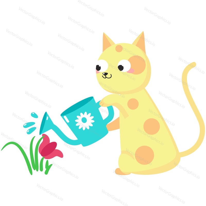 Cartoon cat vector. Cute animal icon for card design. Kitten character watering spring flower with can isolated illustration on white background