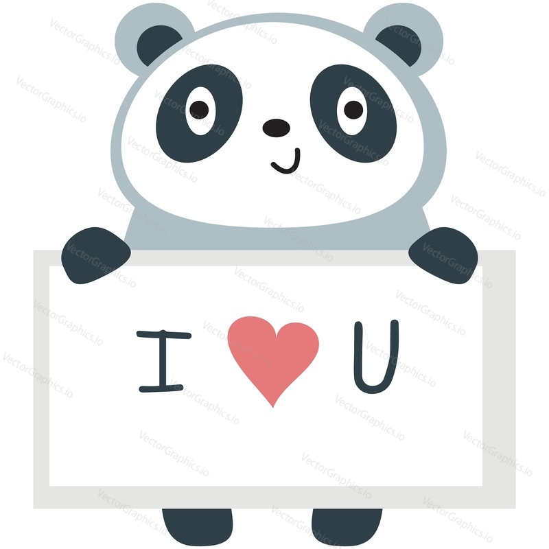 Cute cartoon panda vector. Bear animal icon. Funny baby cub character with happy face holding love you recognition placard isolated on white background