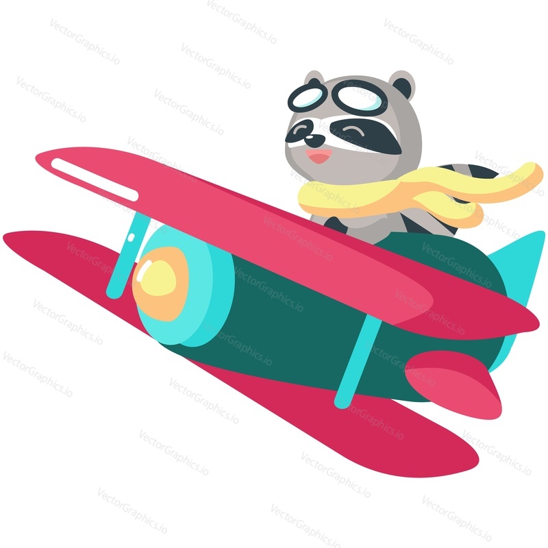 Raccoon cute pilot animal cartoon vector icon. Funny character flying on plane isolated on white background. Doodle design for postcard