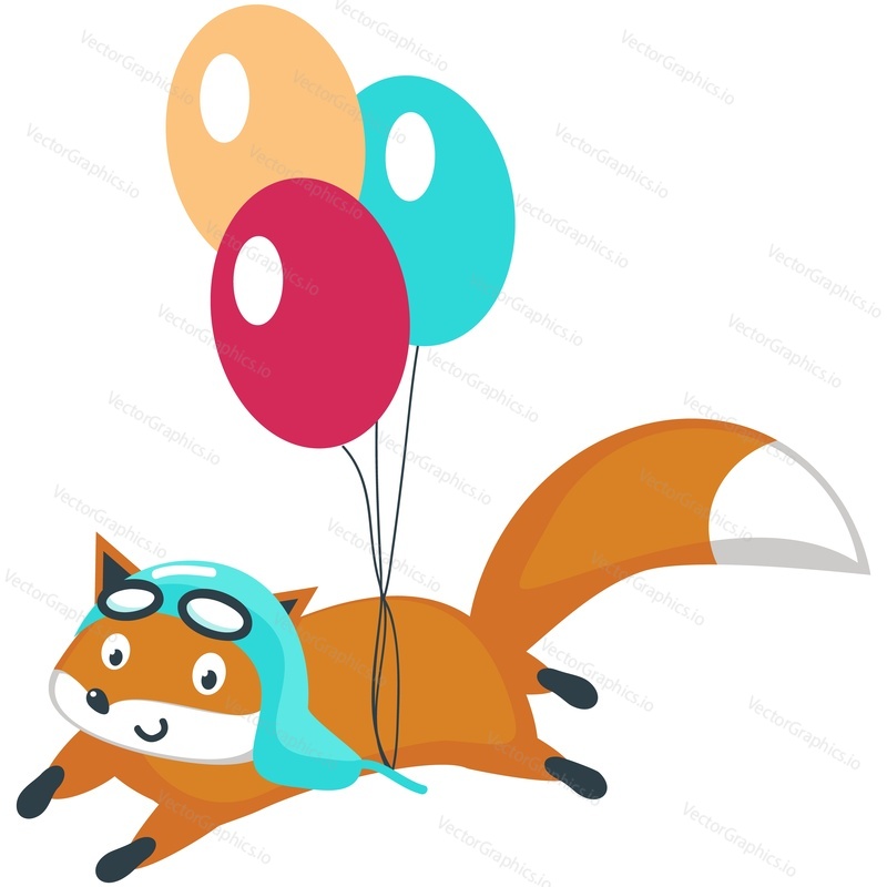 Fox cute pilot animal cartoon vector icon. Funny character flying by air balloon isolated on white background. Doodle design for postcard