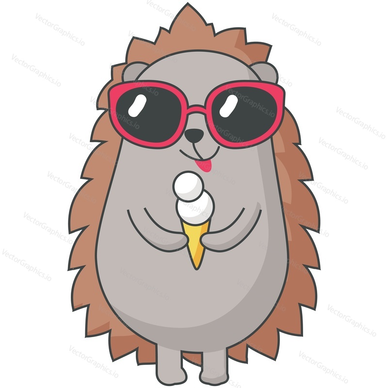 Cute hedgehog eating ice cream vector illustration. Cartoon forest animal isolated funny icon. Happy prickly character enjoying cold summer dessert isolated on white background