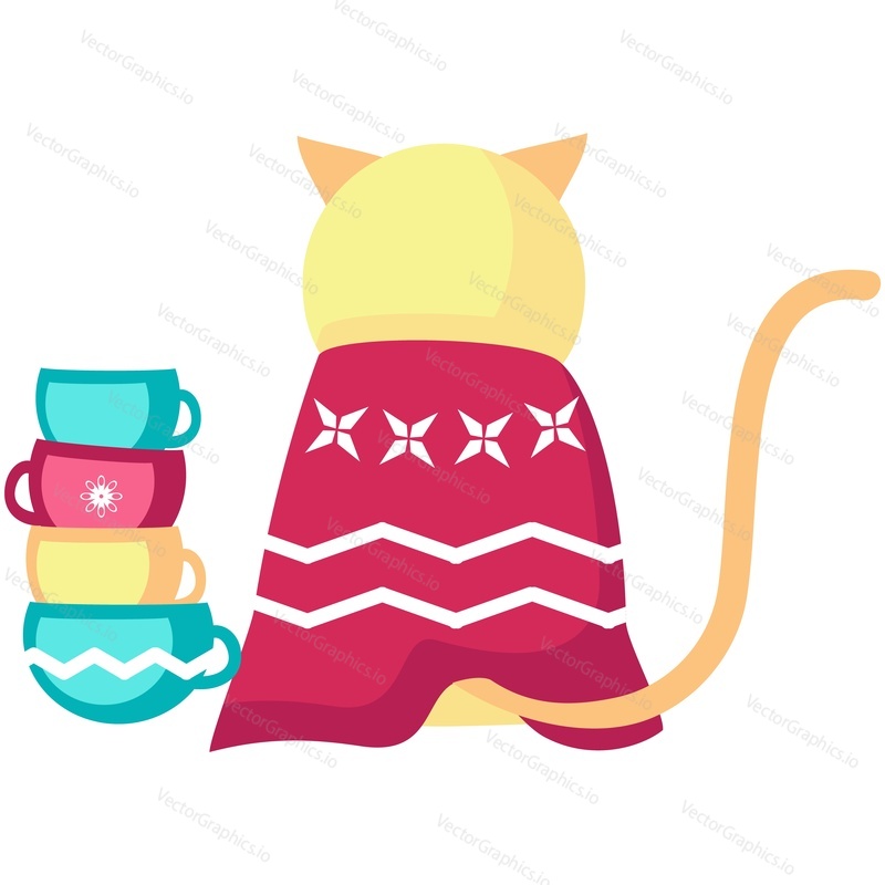 Winter cat wrapped in blanket vector view from back. Cute pet animal icon illustration. Funny kitten character sitting next to cup sack. Doodle design for greeting cold season card isolated on white