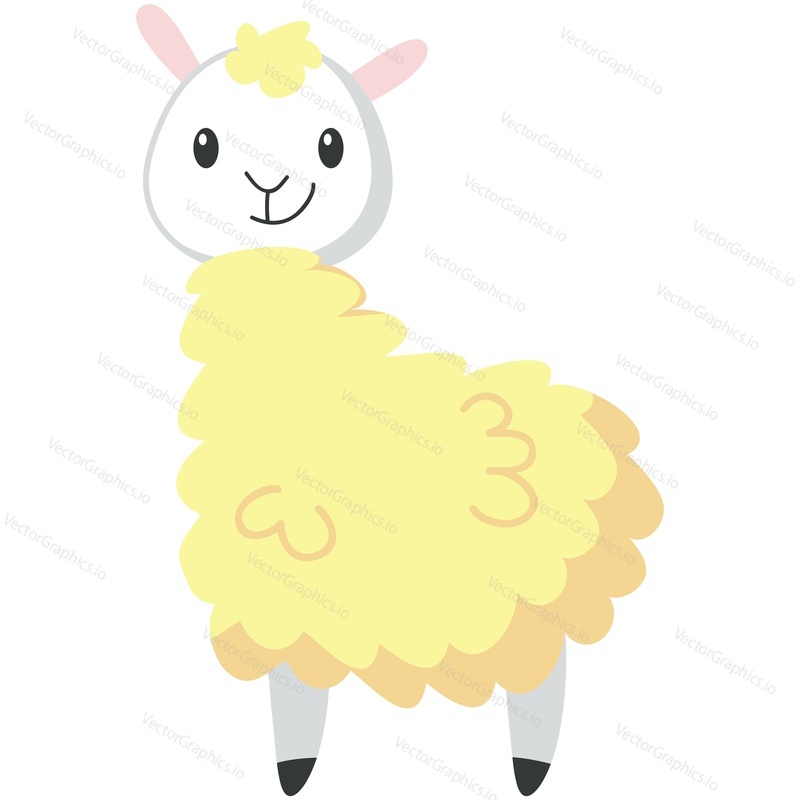 Cute alpaca vector. Funny lama standing cartoon icon. Side view kawaii animal smiling illustration. Happy mascot with fluffy curly yellow wool isolated on white background